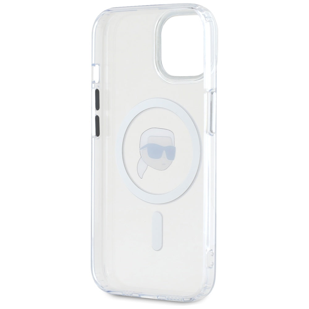 Karl Lagerfeld iPhone 15 - IML Metal Karl Head - MagSafe Σκληρή Θήκη με Πλαίσιο Σιλικόνης - White - KLHMP15SHLSKIH