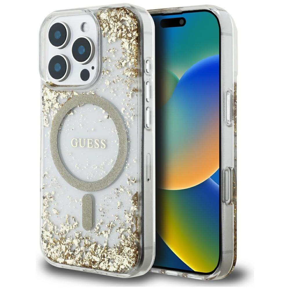 Guess iPhone 16 Pro Max - HC Resin Bottom Glitter - MagSafe Σκληρή Θήκη με Πλαίσιο Σιλικόνης - Gold - GUHMP16XRGRGED