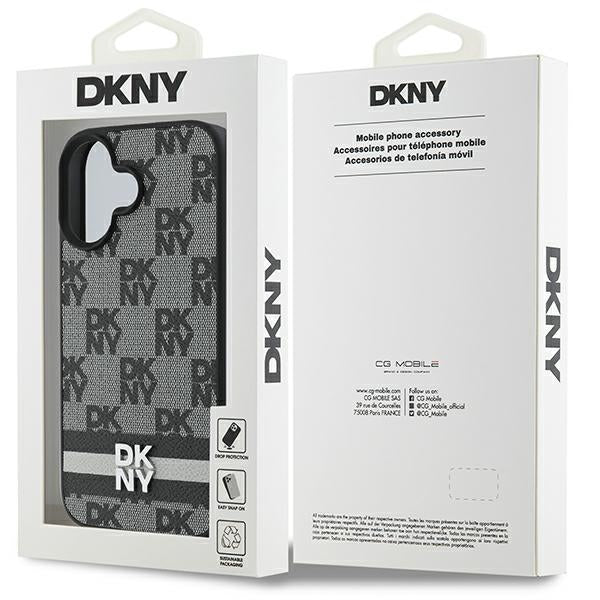 DKNY iPhone 16 - Checkered Pattern and Printed Stripes - Σκληρή Θήκη με Επένδυση Συνθετικού Δέρματος - Black