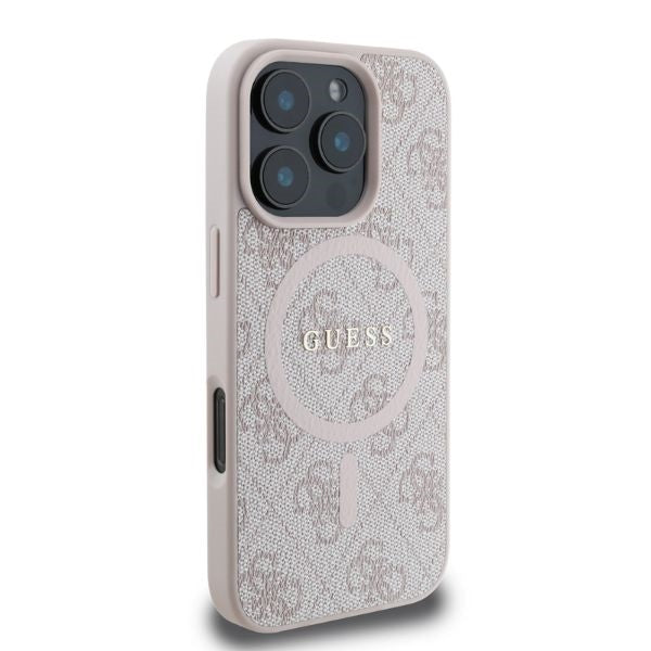 Guess iPhone 16 Pro Max - 4G Ring Classic Logo - MagSafe Θήκη με Επένδυση Συνθετικού Δέρματος - Pink - GUHMP16XG4GFRP