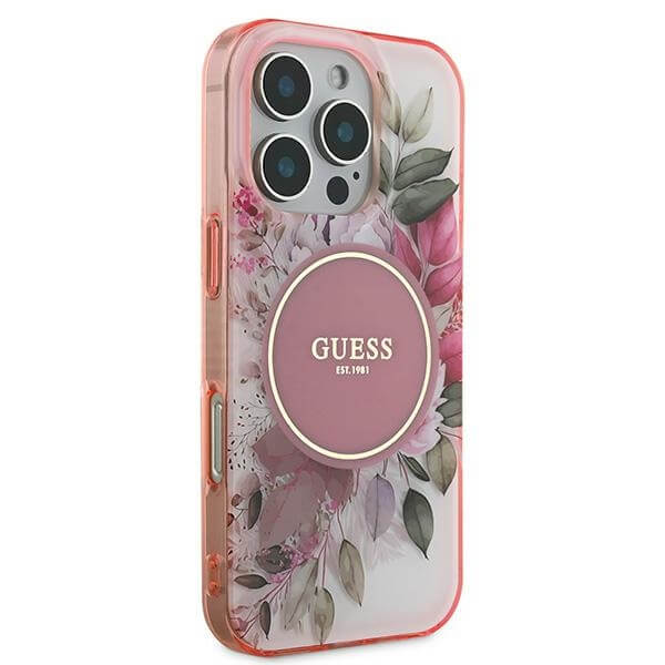 Guess iPhone 16 Pro Max - IML Flower and Tonal Circle MagSafe - Σκληρή Θήκη με Πλαίσιο Σιλικόνης - Pink - GUHMP16XHFWBDCEP