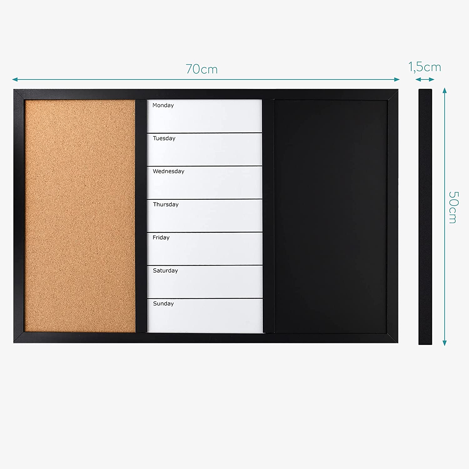 Navaris Combination Board 3 in 1 - Πίνακας 3 σε 1 με Μαυροπίνακα - Φελλό - Μαγνητικό Πίνακα 70 x 50cm - Black - 47164.01.2