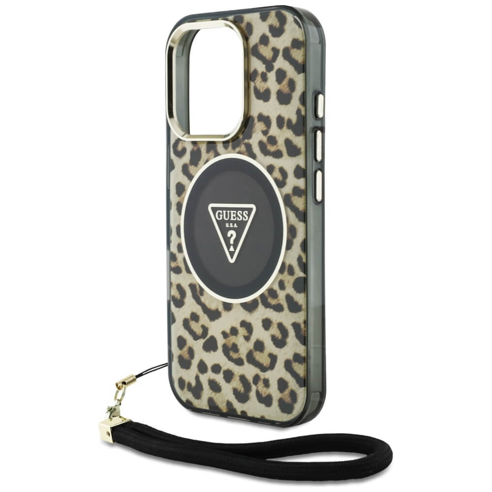 Guess iPhone 16 Pro - HC IML Leopard Triangle Cord Strap MagSafe - Σκληρή Θήκη με Πλαίσιο Σιλικόνης και Λουράκι - Brown - GUHMP16LHLORSSW