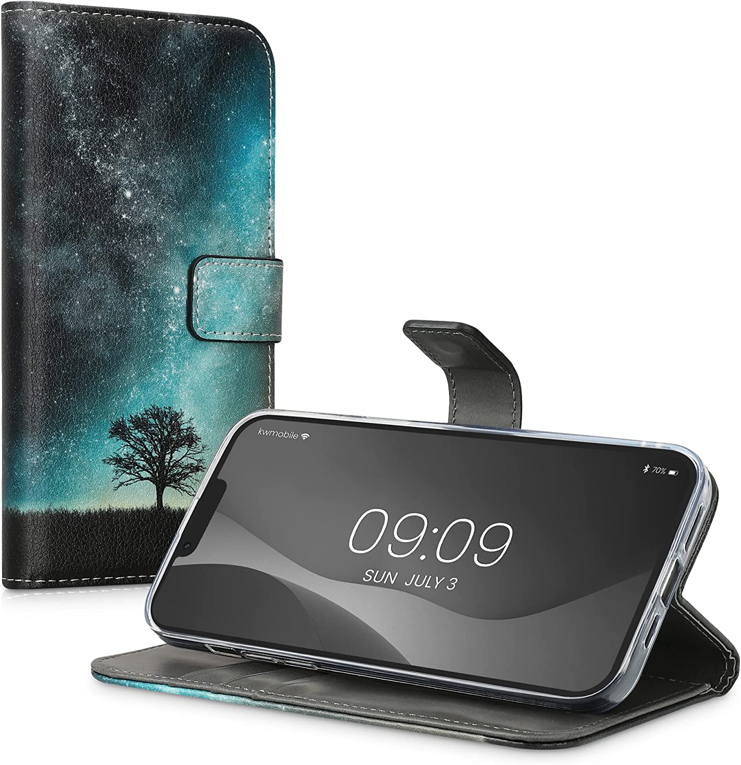 KW iPhone 14 Plus Θήκη Πορτοφόλι Stand - Design Cosmic Nature - Blue / Grey / Black - 59209.01
