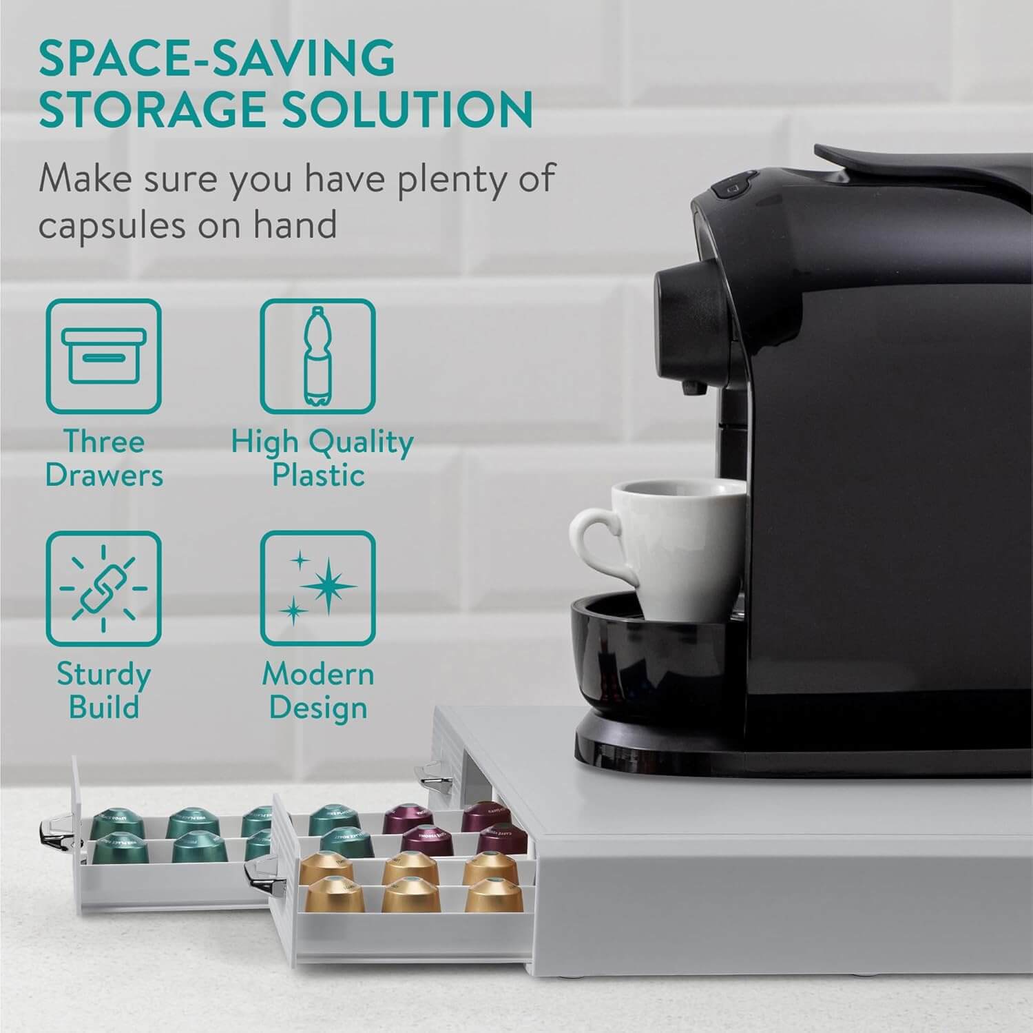 Navaris Capsule Holder - Κουτί Αποθήκευσης με 3 Συρτάρια για Κάψουλες Nespresso / Βάση για Καφετιέρα - Grey