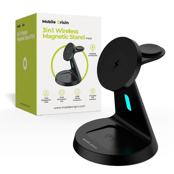 Mobile Origin 3in1 Ασύρματος Μαγνητικός Φορτιστής MagSafe PW9 - Black