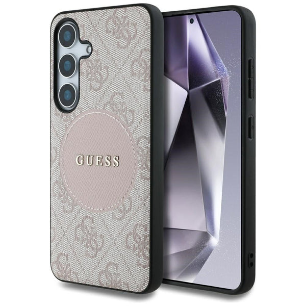 Guess Samsung Galaxy S25 Plus - 4G Round Patch Classic Logo - Θήκη με Επένδυση Συνθετικού Δέρματος και MagSafe - Pink - GUHMS25MP4PGRSGP