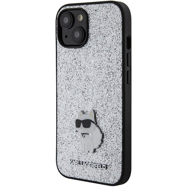 Karl Lagerfeld iPhone 15 - Glitter Choupette Logo Metal Logo Σκληρή Θήκη με Πλαίσιο Σιλικόνης - Silver - KLHCP15SGCNPSG