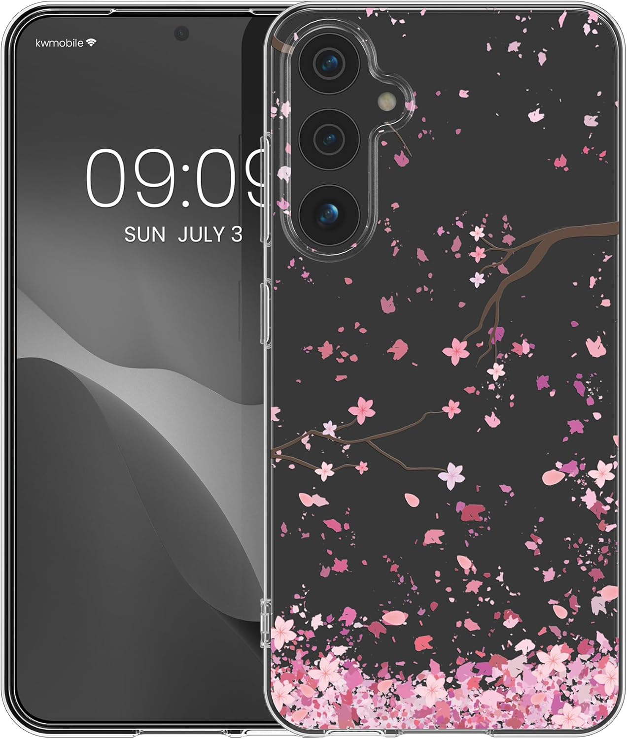KW Samsung Galaxy A55 5G Λεπτή Θήκη Σιλικόνης TPU - Design Cherry Blossom Petals - Pink / Dark Brown / Διάφανη