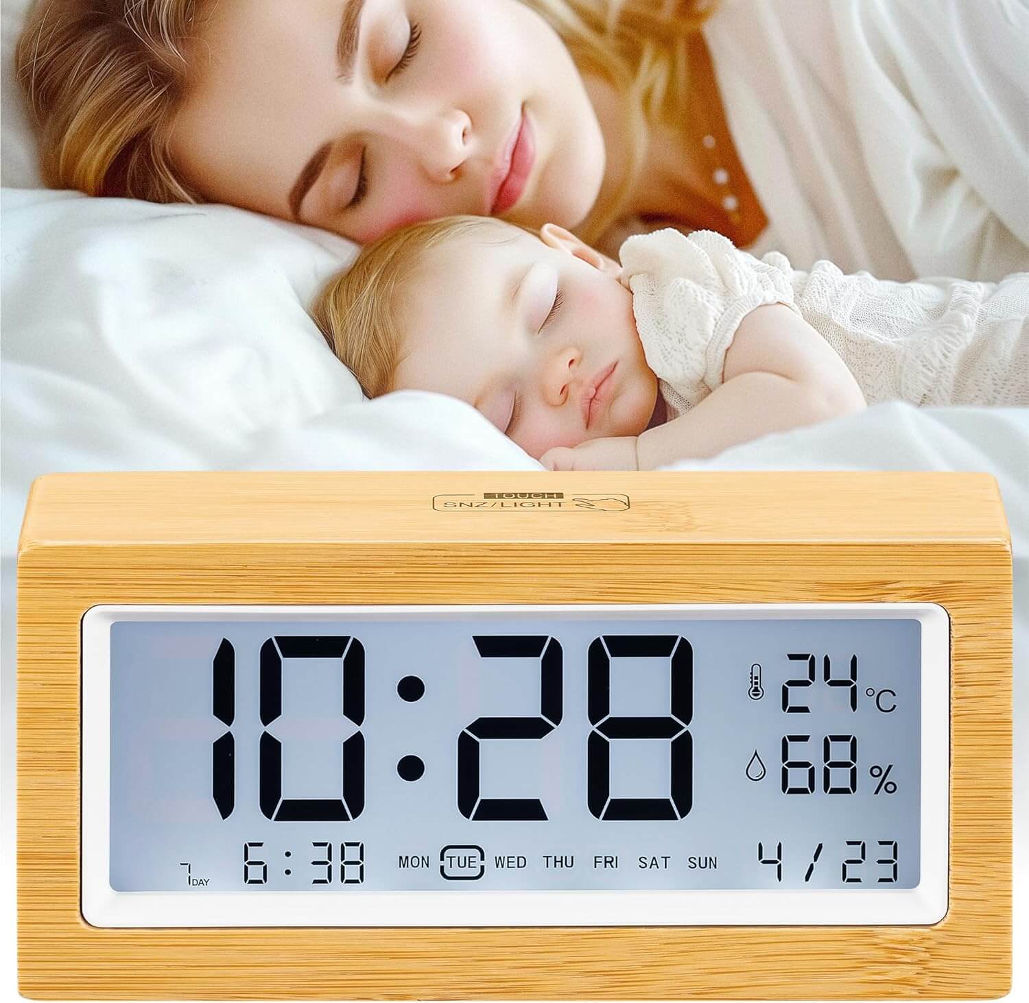 Navaris Ψηφιακό Επιτραπέζιο Ρολόι και Ξυπνητήρι από Μπαμπού με Ένδειξη Θερμοκρασίας και Ημερομηνίας - White / Light Brown - 60679.01