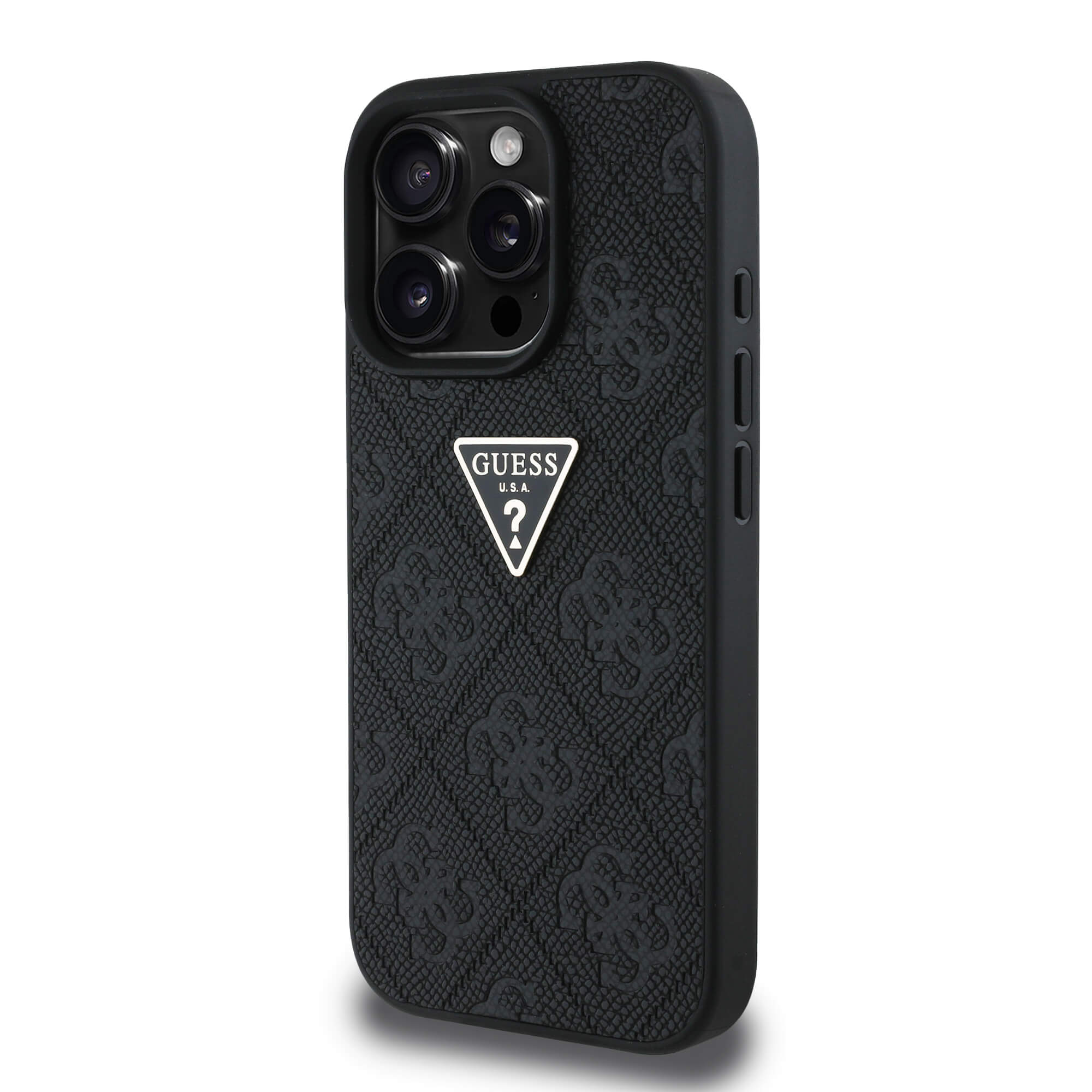 Guess iPhone 16 Pro - Hot Stamp 4G Pattern Triangle Metal Logo - Θήκη με Επένδυση Συνθετικού Δέρματος και Πλαίσιο Σιλικόνης - Black - GUHCP16LPGP4STRK