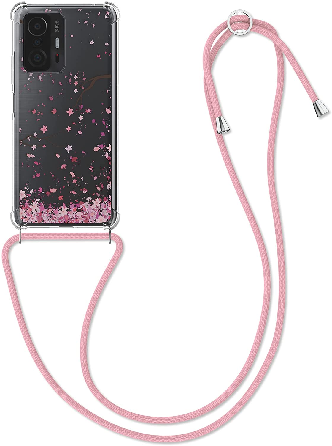 KW Xiaomi 11T / 11T Pro Θήκη Σιλικόνης TPU με Λουράκι Design Cherry Blossoms - Pink / Dark Brown / Διάφανη - 56522.03