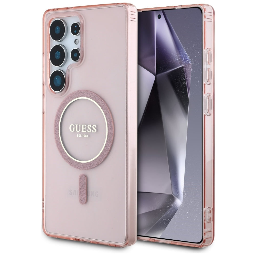 Guess Samsung Galaxy S25 Ultra - Glitter Circle Classic Logo - MagSafe Σκληρή Θήκη με Πλαίσιο Σιλικόνης - Pink - GUHMS25LHFGEREP