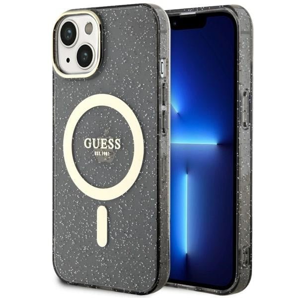 Guess iPhone 13 / 14 / 15 - Σκληρή Θήκη με Πλαίσιο Σιλικόνης - Glitter Gold MagSafe - Black