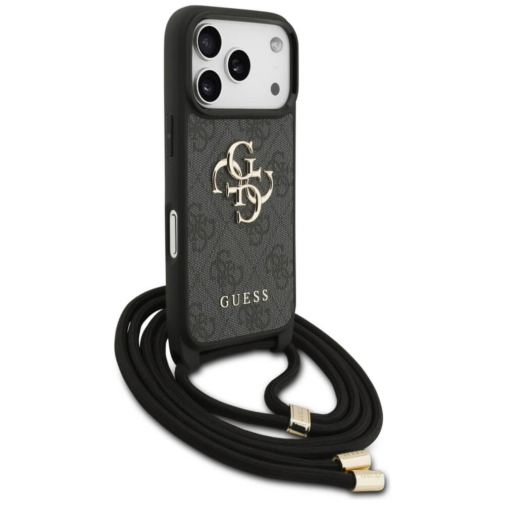 Guess iPhone 17 Pro - 4G Big Logo Cord Stap Crossbody - Θήκη με Επένδυση Συνθετικού Δέρματος και Λουράκι - Black