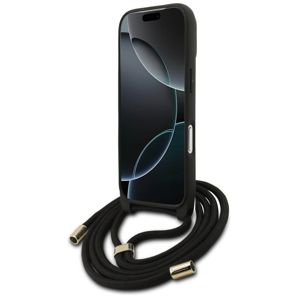 Guess iPhone 17 Pro - 4G Big Logo Cord Stap Crossbody - Θήκη με Επένδυση Συνθετικού Δέρματος και Λουράκι - Black