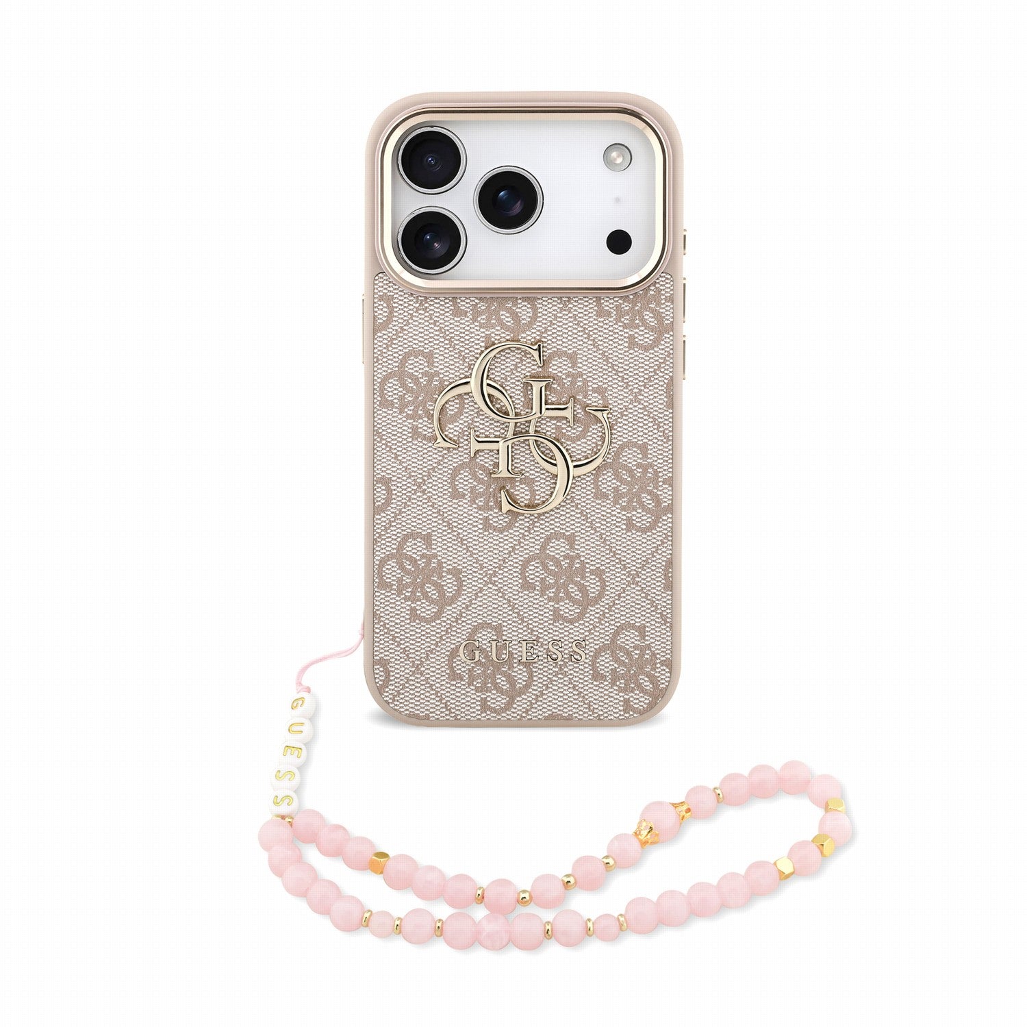 Guess iPhone 17 Pro / iPhone 18 Pro - Σκληρή Θήκη με Επένδυση Συνθετικού Δέρματος και Λουράκι - PU 4G Metal Logo Strap - Pink
