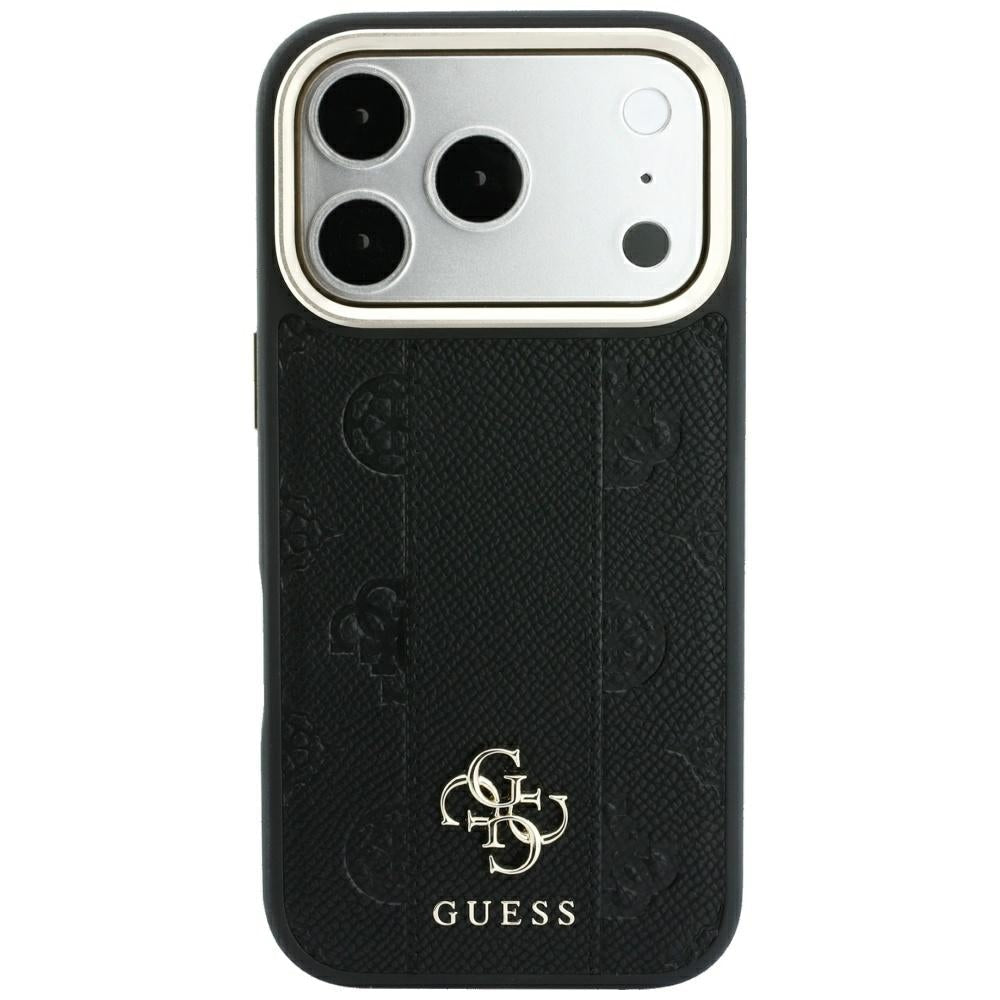 Guess iPhone 17 Pro / iPhone 18 Pro - Σκληρή Θήκη με Επένδυση Συνθετικού Δέρματος - Stripe Peony 4G Logo MagSafe - Black