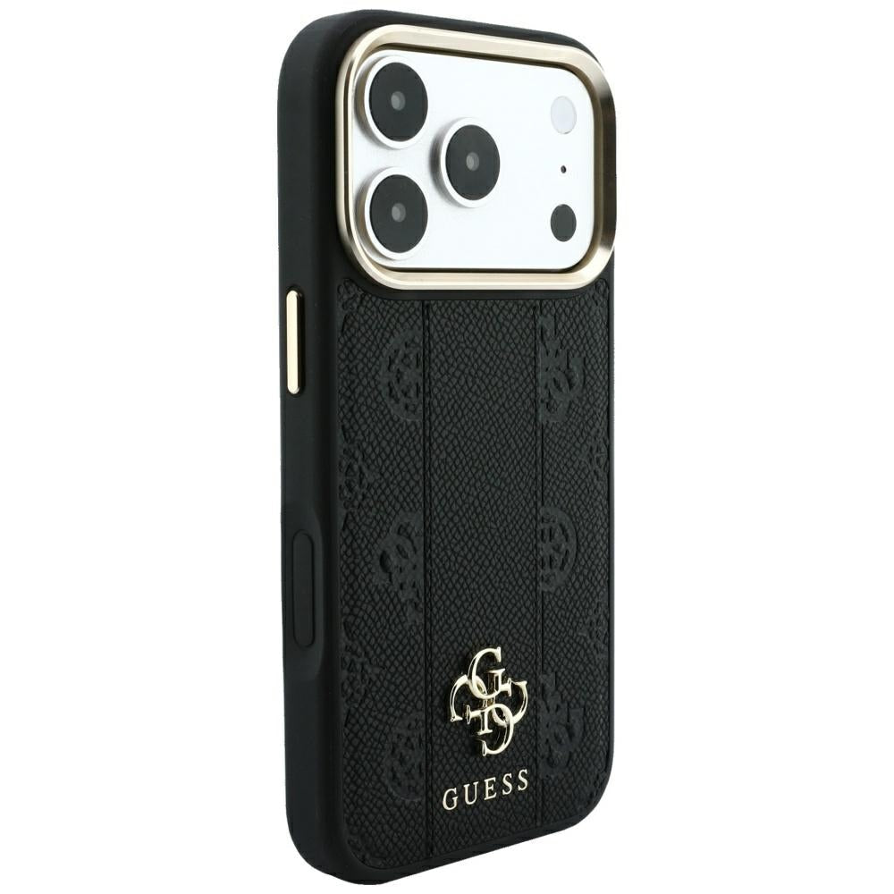 Guess iPhone 17 Pro / iPhone 18 Pro - Σκληρή Θήκη με Επένδυση Συνθετικού Δέρματος - Stripe Peony 4G Logo MagSafe - Black
