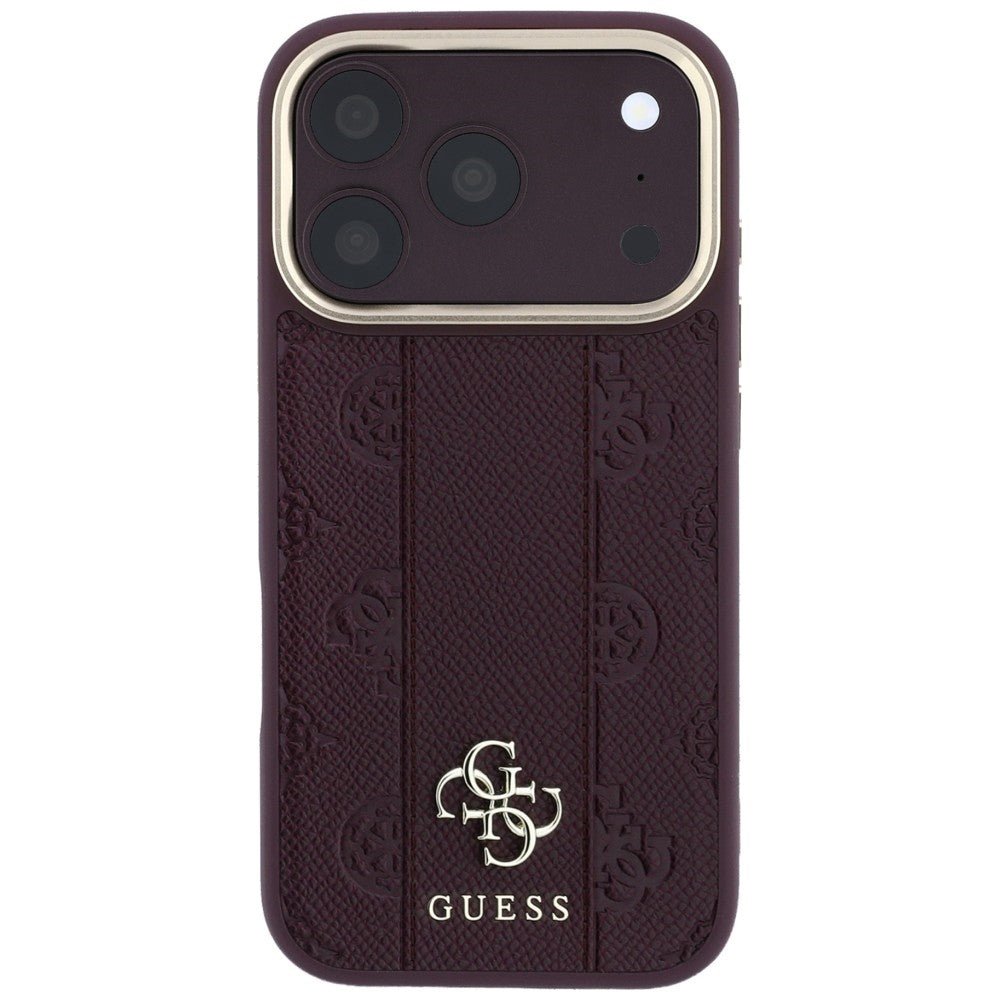 Guess iPhone 17 Pro / iPhone 18 Pro - Σκληρή Θήκη με Επένδυση Συνθετικού Δέρματος - Stripe Peony 4G Logo MagSafe - Burgundy