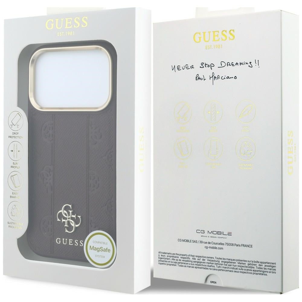 Guess iPhone 17 Pro / iPhone 18 Pro - Σκληρή Θήκη με Επένδυση Συνθετικού Δέρματος - Stripe Peony 4G Logo MagSafe - Burgundy