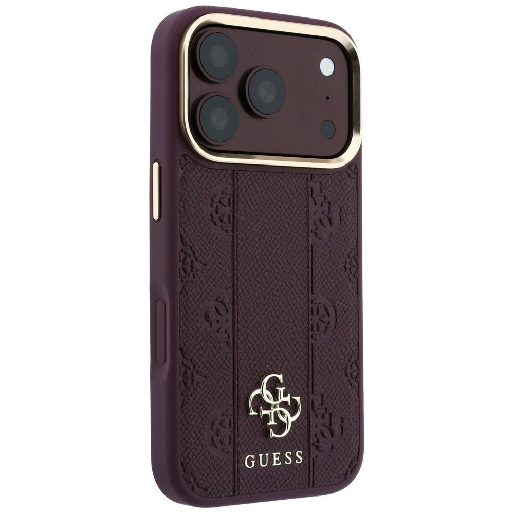Guess iPhone 17 Pro / iPhone 18 Pro - Σκληρή Θήκη με Επένδυση Συνθετικού Δέρματος - Stripe Peony 4G Logo MagSafe - Burgundy