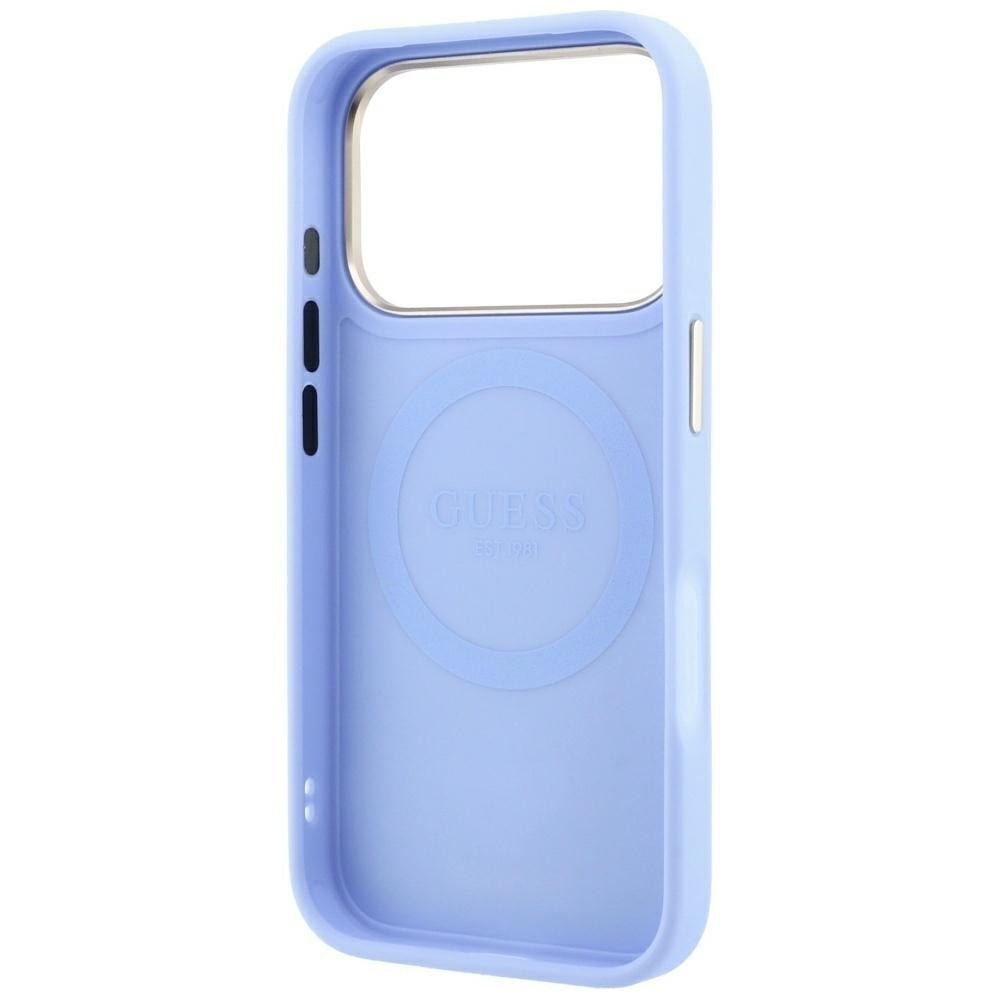 Guess iPhone 17 Pro / iPhone 18 Pro - Σκληρή Θήκη με Επένδυση Συνθετικού Δέρματος - Stripe Peony 4G Logo MagSafe - Light Blue