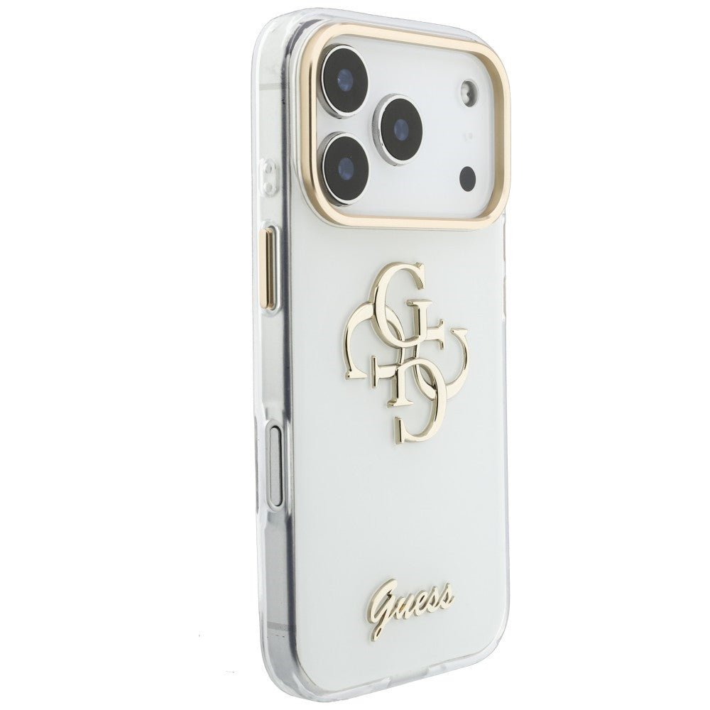 Guess iPhone 17 Pro / iPhone 18 Pro - Σκληρή Θήκη με Πλαίσιο Σιλικόνης - IML 4G Script Metal - White