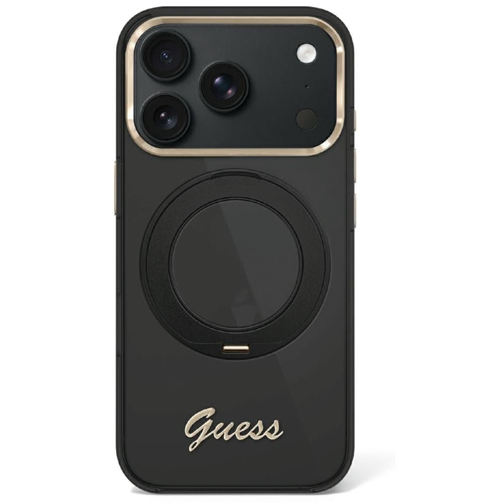 Guess iPhone 17 Pro / iPhone 18 Pro - Σκληρή Θήκη με Πλαίσιο Σιλικόνης - IML Ring Stand 360 Script Metal Logo MagSafe - Black - GUHMP18L6HCCMSK