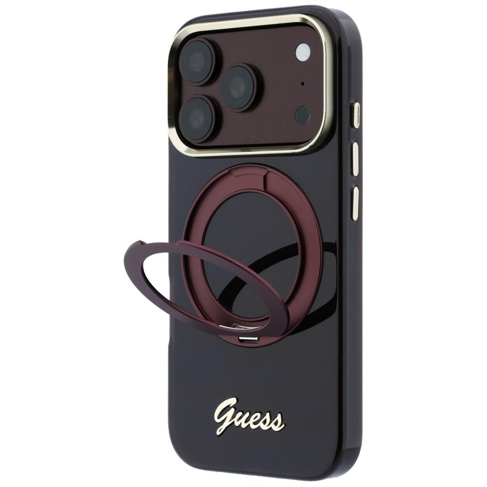 Guess iPhone 17 Pro / iPhone 18 Pro - Σκληρή Θήκη με Πλαίσιο Σιλικόνης και Δαχτυλίδι Συγκράτησης - IML Ring Stand 360 Script Metal Logo MagSafe - Burgundy
