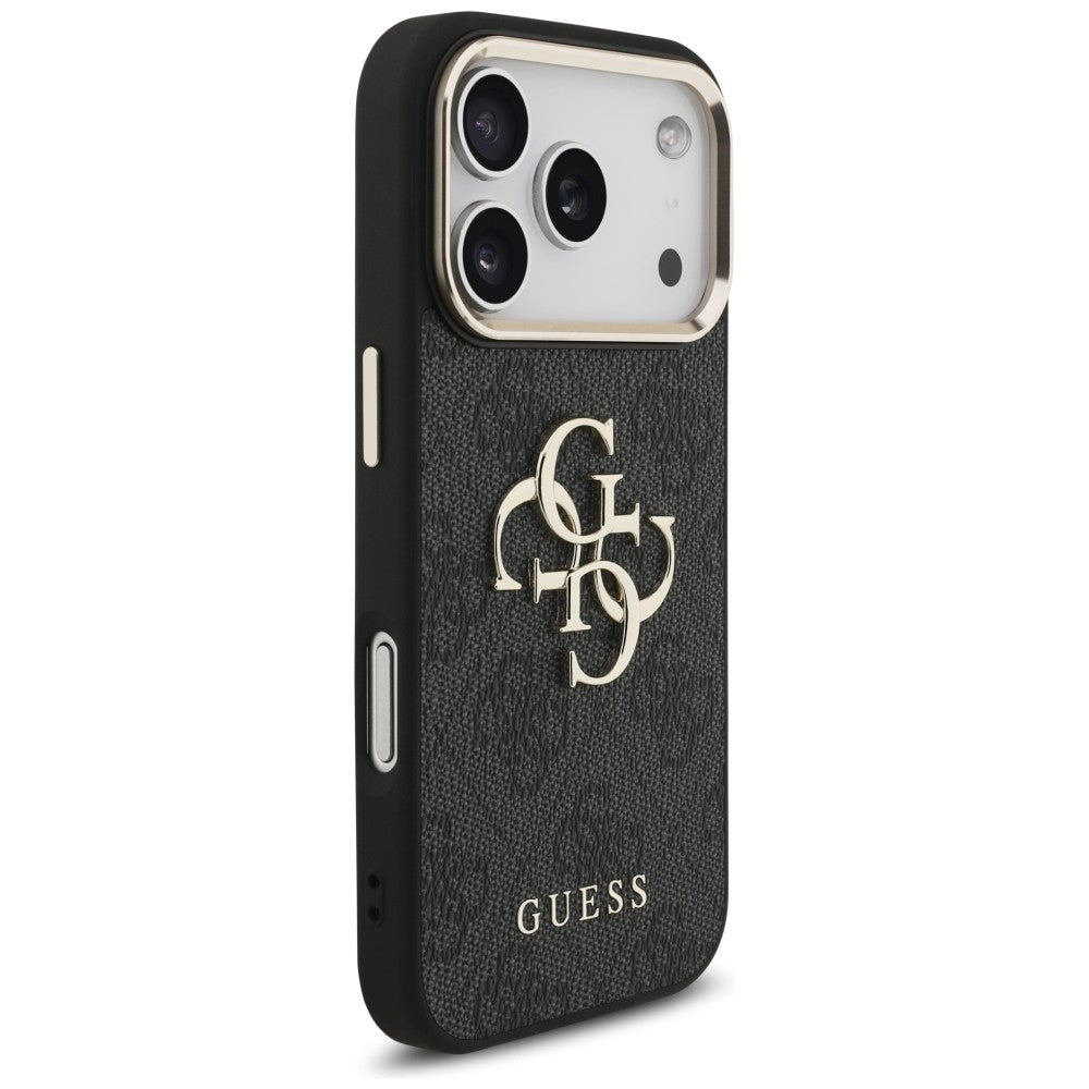 Guess iPhone 17 Pro / iPhone 18 Pro - Σκληρή Θήκη με Πλαίσιο Σιλικόνης και Επένδυση από Οικολογικό Δέρμα - 4G Big 4G Classic Logo - Black / Gold - GUHCP18L4GMGCGR