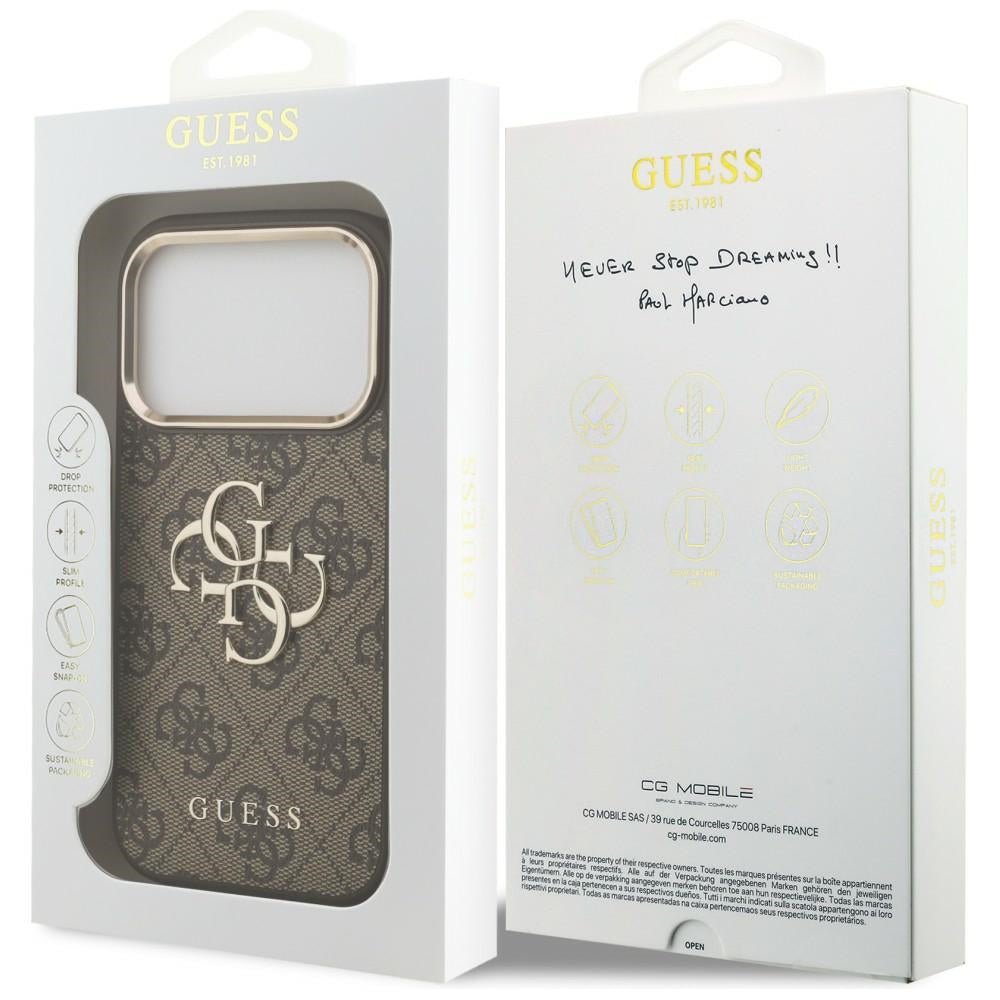 Guess iPhone 17 Pro / iPhone 18 Pro - Σκληρή Θήκη με Πλαίσιο Σιλικόνης και Επένδυση από Οικολογικό Δέρμα - 4G Big 4G Classic Logo - Brown / Gold - GUHCP18L4GMGCBR