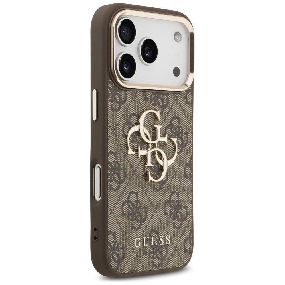 Guess iPhone 17 Pro / iPhone 18 Pro - Σκληρή Θήκη με Πλαίσιο Σιλικόνης και Επένδυση από Οικολογικό Δέρμα - 4G Big 4G Classic Logo - Brown / Gold - GUHCP18L4GMGCBR