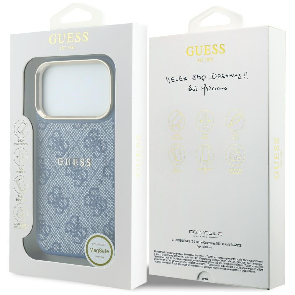 Guess iPhone 17 Pro / iPhone 18 Pro - Σκληρή Θήκη με Πλαίσιο Σιλικόνης και Επένδυση Οικολογικού Δέρματος - Embossed 4G Classic MagSafe - Blue - GUHMP18LP4MSEGCB