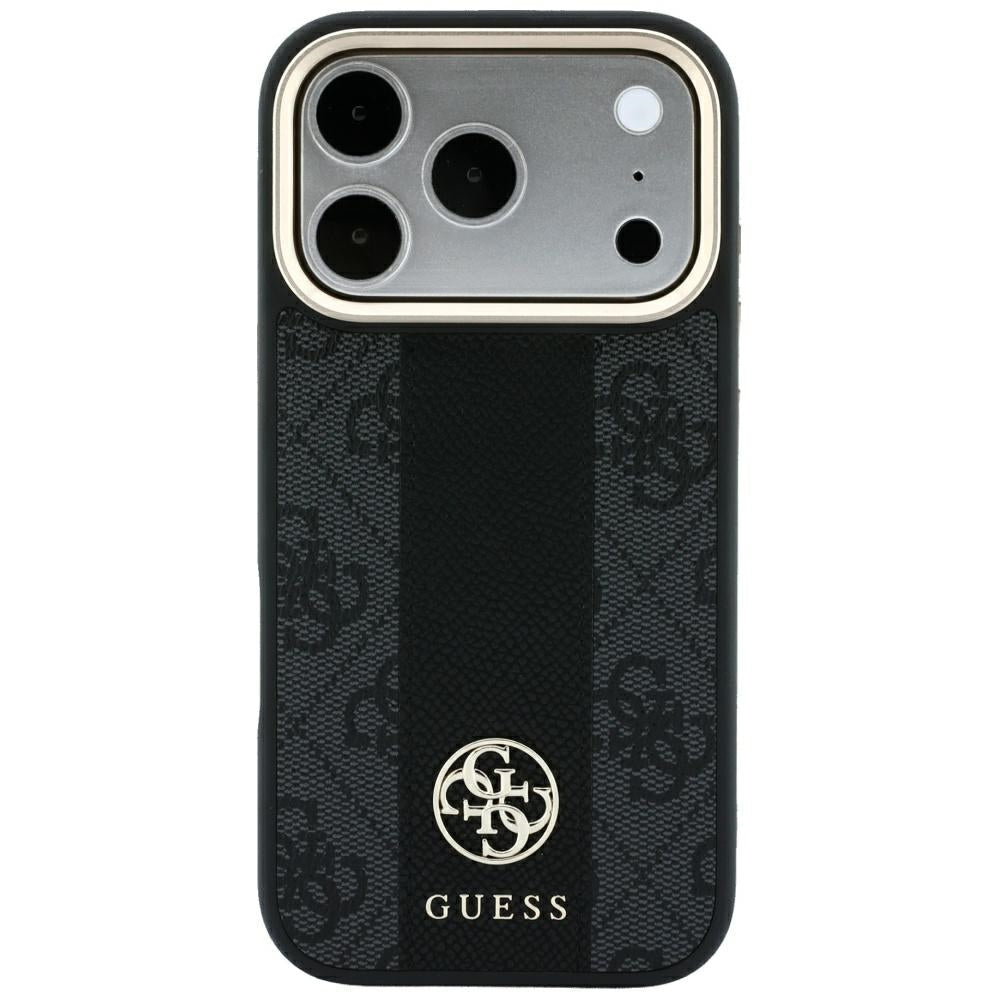 Guess iPhone 17 Pro / iPhone 18 Pro - Σκληρή Θήκη με Πλαίσιο Σιλικόνης και Επένδυση Συνθετικού Δέρματος - 4G with Stripe Round and Classic Logos MagSafe - Black