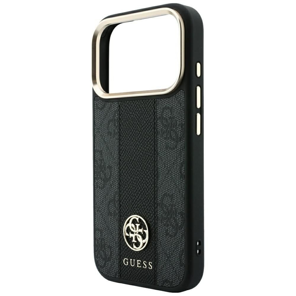 Guess iPhone 17 Pro / iPhone 18 Pro - Σκληρή Θήκη με Πλαίσιο Σιλικόνης και Επένδυση Συνθετικού Δέρματος - 4G with Stripe Round and Classic Logos MagSafe - Black