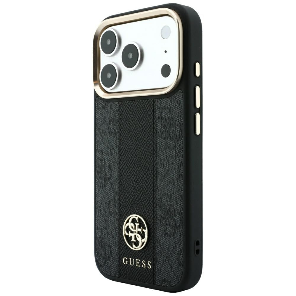 Guess iPhone 17 Pro / iPhone 18 Pro - Σκληρή Θήκη με Πλαίσιο Σιλικόνης και Επένδυση Συνθετικού Δέρματος - 4G with Stripe Round and Classic Logos MagSafe - Black
