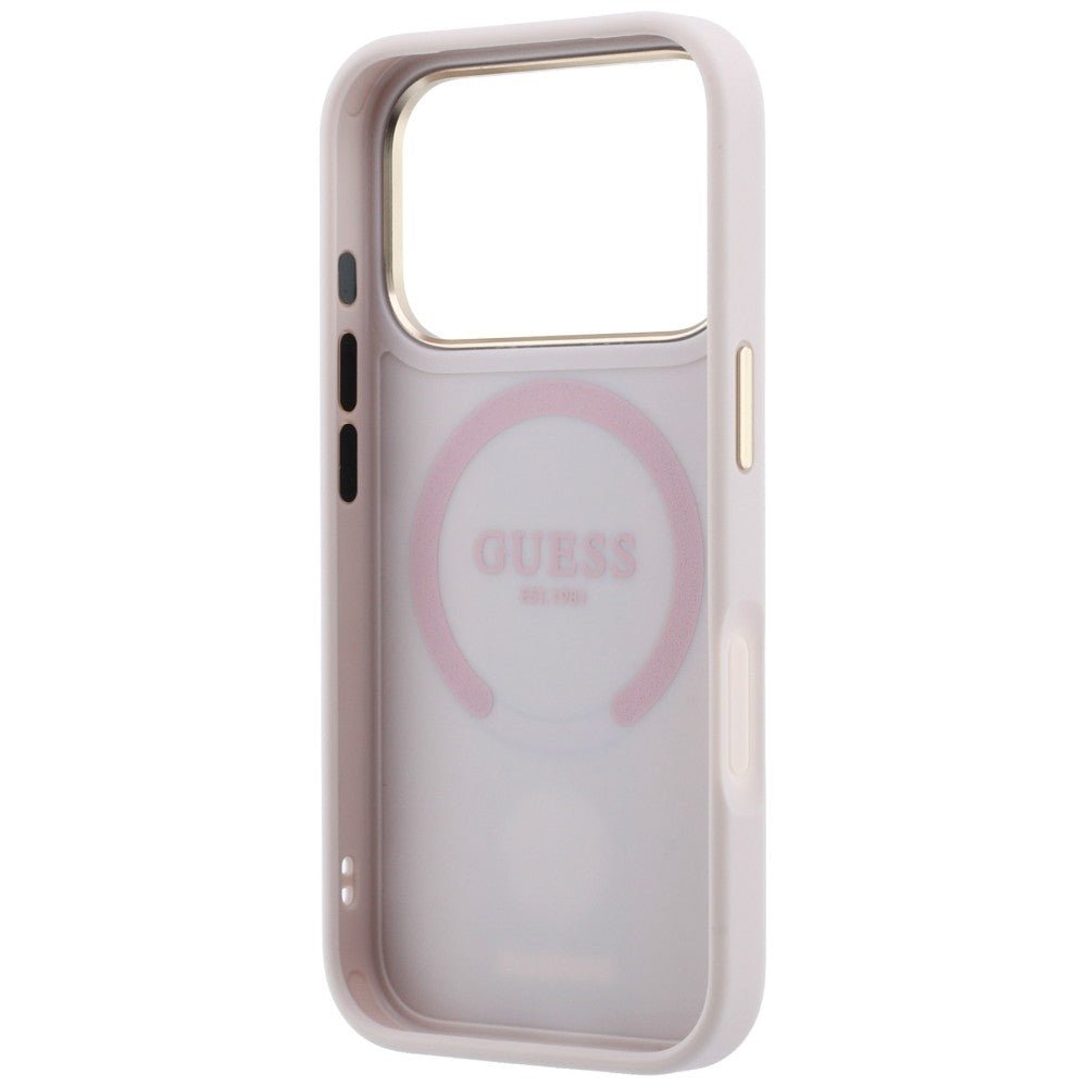 Guess iPhone 17 Pro / iPhone 18 Pro - Σκληρή Θήκη με Πλαίσιο Σιλικόνης και Επένδυση Συνθετικού Δέρματος - 4G with Stripe Round and Classic Logos MagSafe - Pink