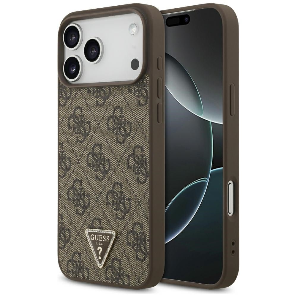 Guess iPhone 17 Pro Max / iPhone 18 Pro Max - Σκληρή Θήκη με Επένδυση Συνθετικού Δέρματος - 4G Triangle Strass MagSafe - Brown - GUHMP18XP4TDPW