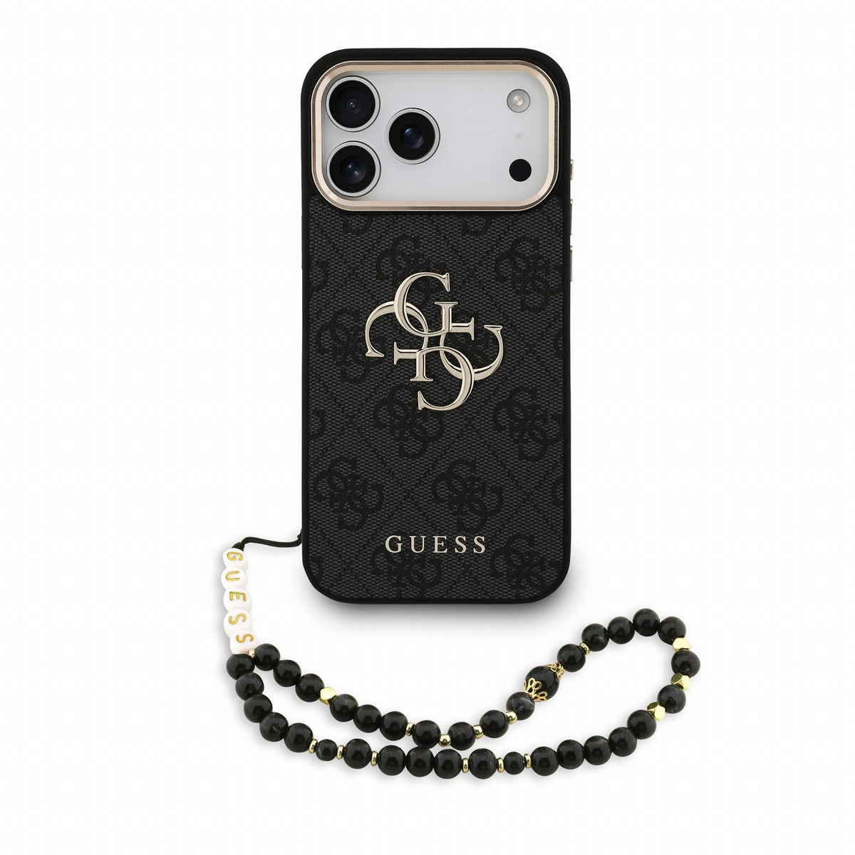 Guess iPhone 17 Pro Max / iPhone 18 Pro Max - Σκληρή Θήκη με Επένδυση Συνθετικού Δέρματος και Λουράκι - PU 4G Metal Logo Strap - Black