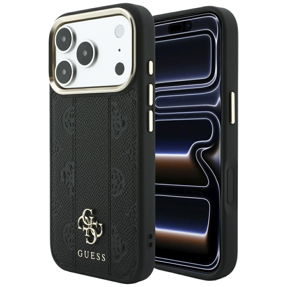 Guess iPhone 17 Pro Max / iPhone 18 Pro Max - Σκληρή Θήκη με Επένδυση Συνθετικού Δέρματος - Stripe Peony 4G Logo MagSafe - Black