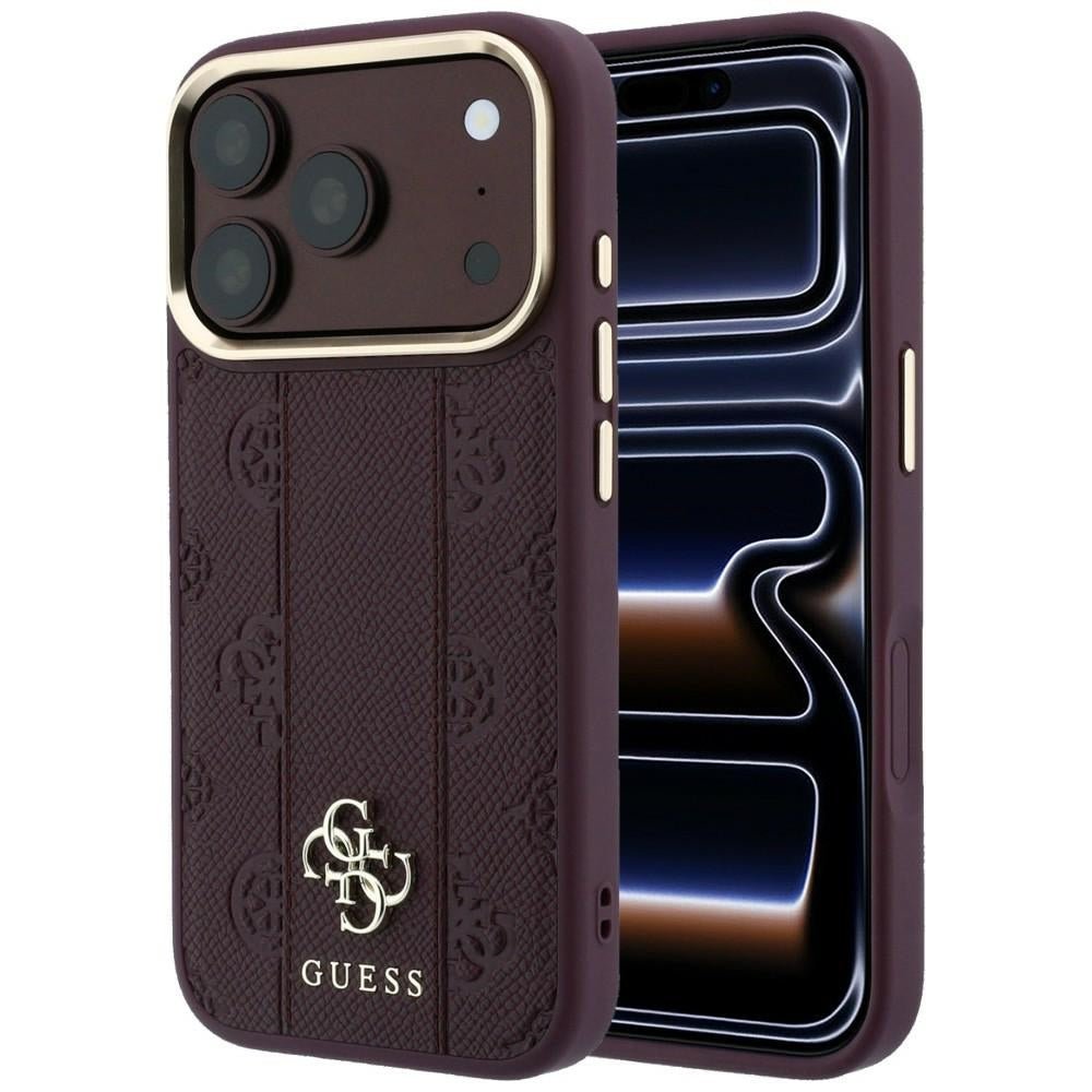 Guess iPhone 17 Pro Max / iPhone 18 Pro Max - Σκληρή Θήκη με Επένδυση Συνθετικού Δέρματος - Stripe Peony 4G Logo MagSafe - Burgundy