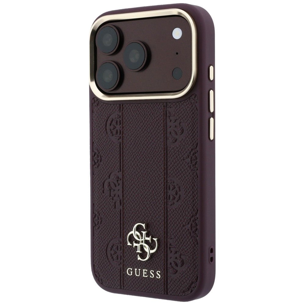 Guess iPhone 17 Pro Max / iPhone 18 Pro Max - Σκληρή Θήκη με Επένδυση Συνθετικού Δέρματος - Stripe Peony 4G Logo MagSafe - Burgundy