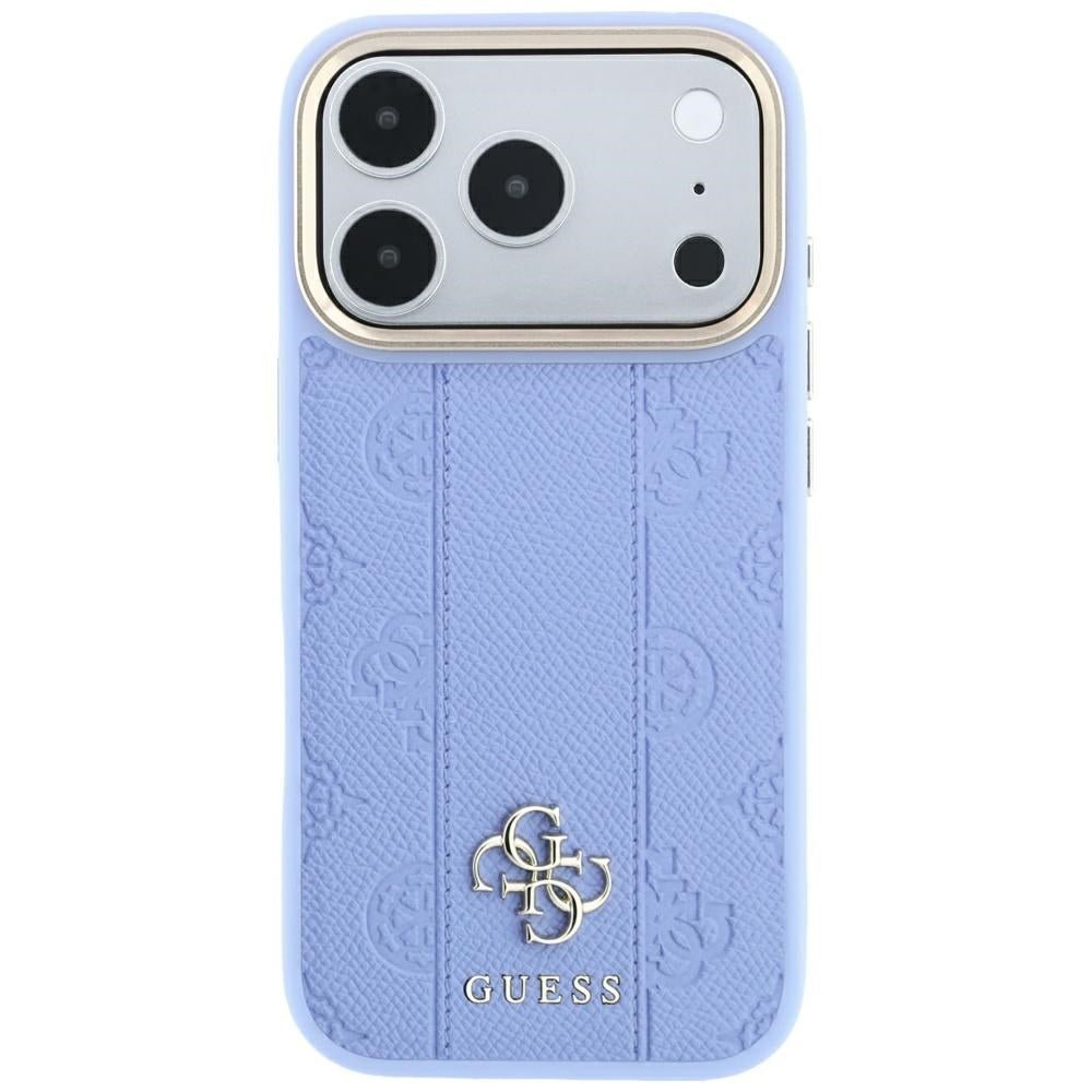 Guess iPhone 17 Pro Max / iPhone 18 Pro Max - Σκληρή Θήκη με Επένδυση Συνθετικού Δέρματος - Stripe Peony 4G Logo MagSafe - Light Blue