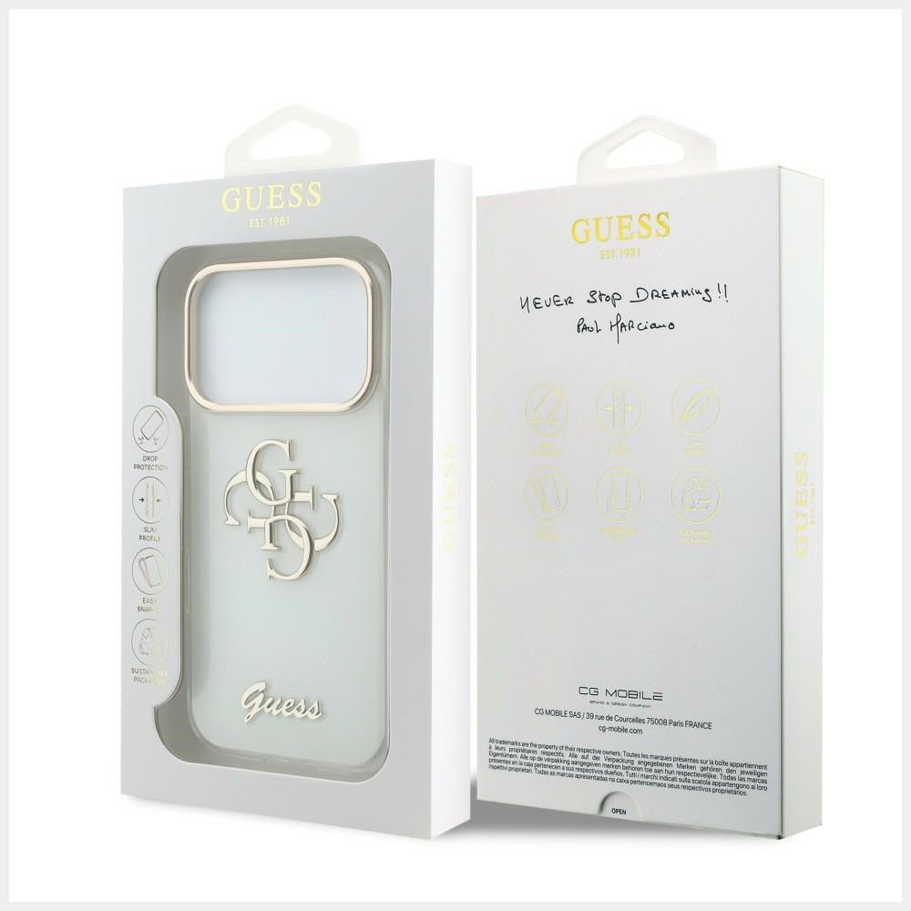 Guess iPhone 17 Pro Max / iPhone 18 Pro Max - Σκληρή Θήκη με Πλαίσιο Σιλικόνης - IML 4G Script Metal - White