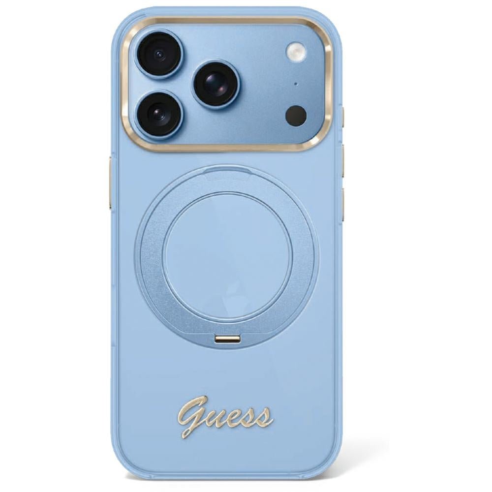 Guess iPhone 17 Pro Max / iPhone 18 Pro Max - Σκληρή Θήκη με Πλαίσιο Σιλικόνης - IML Ring Stand 360 Script Metal Logo MagSafe - Light Blue - GUHMP18X6HCCMSB