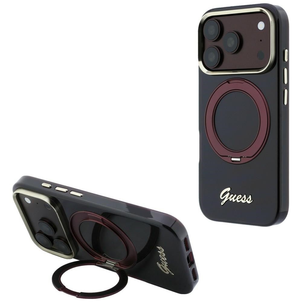 Guess iPhone 17 Pro Max / iPhone 18 Pro Max - Σκληρή Θήκη με Πλαίσιο Σιλικόνης και Δαχτυλίδι Συγκράτησης - IML Ring Stand 360 Script Metal Logo MagSafe - Burgundy