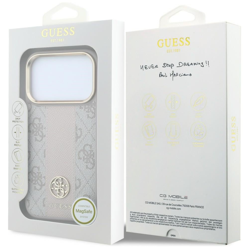 Guess iPhone 17 Pro Max / iPhone 18 Pro Max - Σκληρή Θήκη με Πλαίσιο Σιλικόνης και Επένδυση Συνθετικού Δέρματος - 4G with Stripe Round and Classic Logos MagSafe - Pink