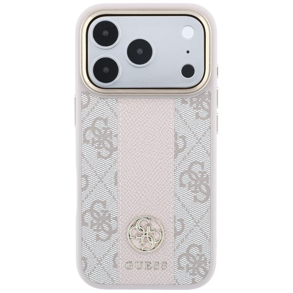 Guess iPhone 17 Pro Max / iPhone 18 Pro Max - Σκληρή Θήκη με Πλαίσιο Σιλικόνης και Επένδυση Συνθετικού Δέρματος - 4G with Stripe Round and Classic Logos MagSafe - Pink