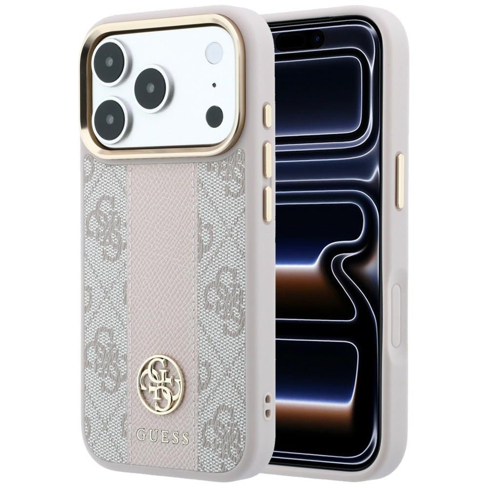 Guess iPhone 17 Pro Max / iPhone 18 Pro Max - Σκληρή Θήκη με Πλαίσιο Σιλικόνης και Επένδυση Συνθετικού Δέρματος - 4G with Stripe Round and Classic Logos MagSafe - Pink